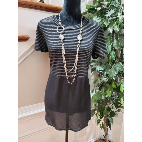 Mossimo Women's Black Striped Rayon Short Sleeve Round Neck Casual Blouse Size L - Picture 1 of 9